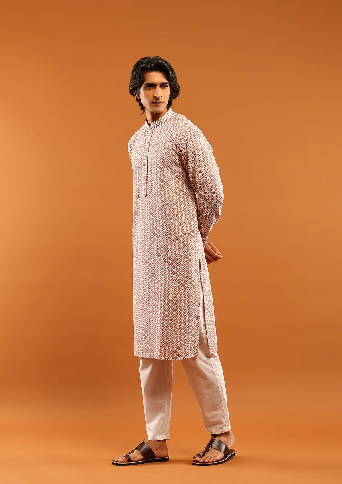 HOC Rayon Embroidered With Sequins Solid Men's Long Kurta- Dusty Pink - Healthber