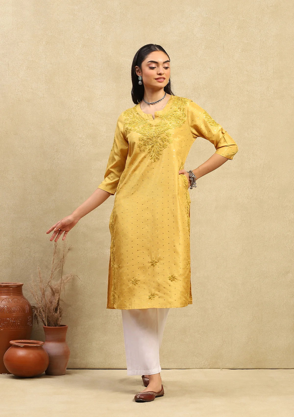 HOC Chanderi Chikankari Printed Women's Long Kurta - Yellow - Healthber