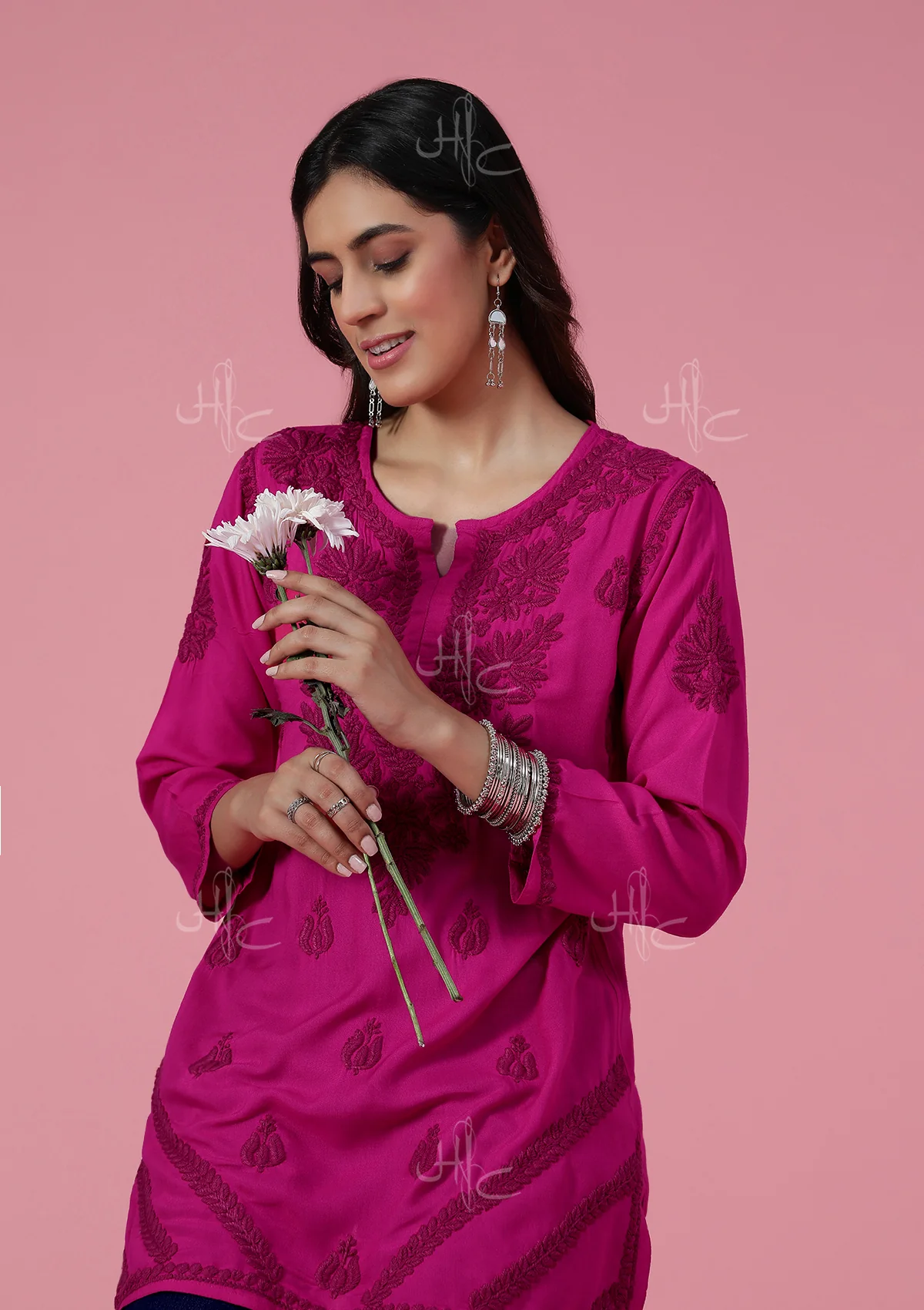 HOC Rayon Chikankari Solid Women's Short Kurta - Pink - Healthber