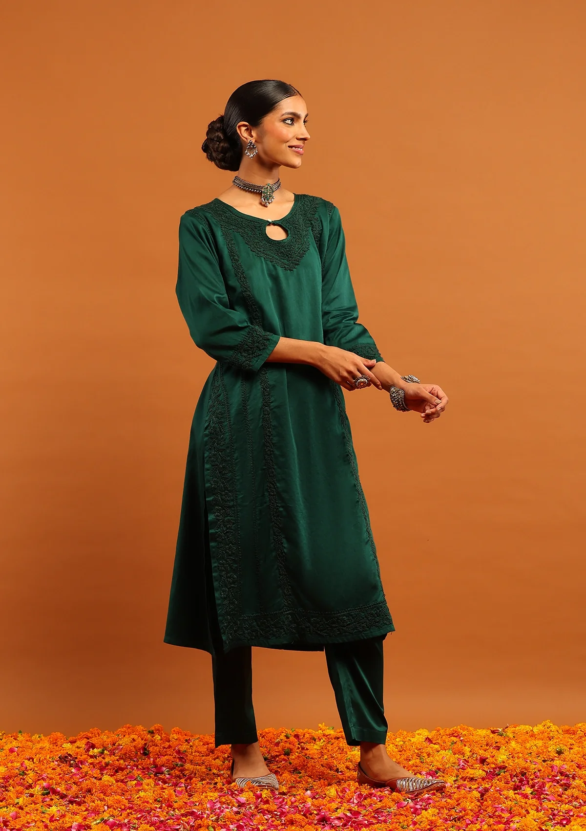 HOC Jaam Silk Chikankari Solid Women's 2 PC Long Kurta Set - Bottle Green - Healthber