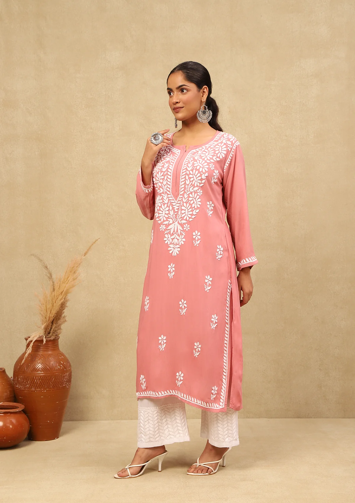 HOC Rayon Chikankari Solid Women's Long Kurta -Dust Pink - Healthber