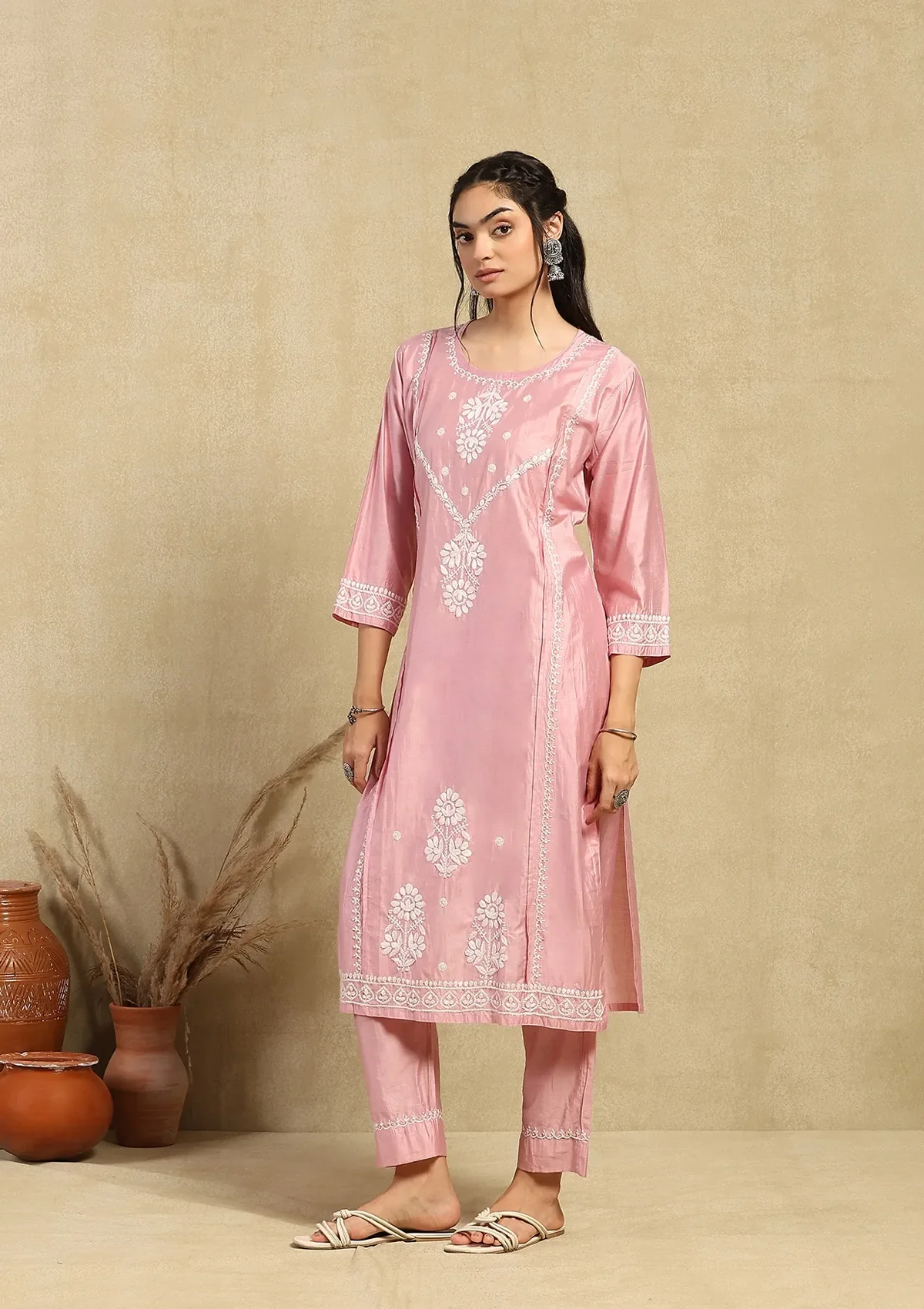 HOC Chanderi Chikankari Solid Women's 2PC Long Kurta Set -Pink - Healthber