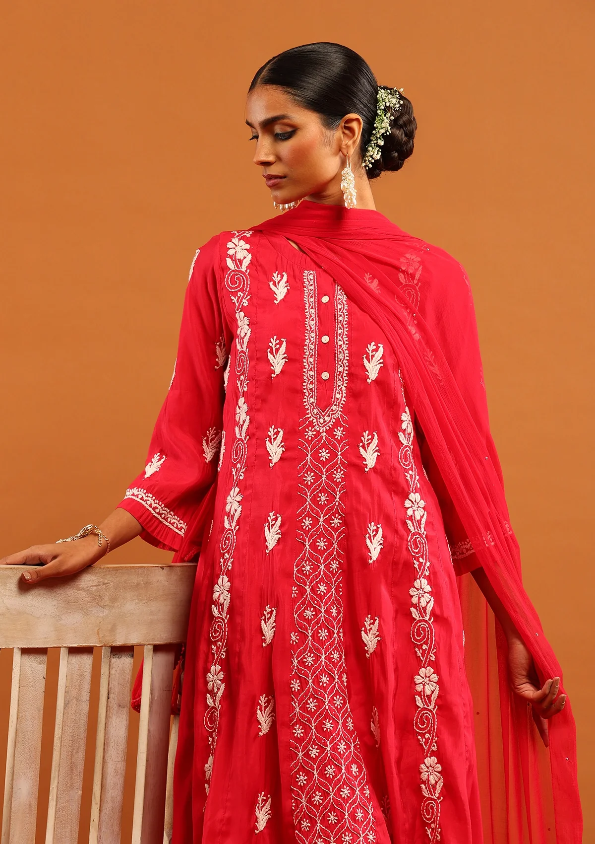 HOC Chanderi Chikankari Solid Women's 3 PC Anarkali Kurta Set-Pink - Healthber