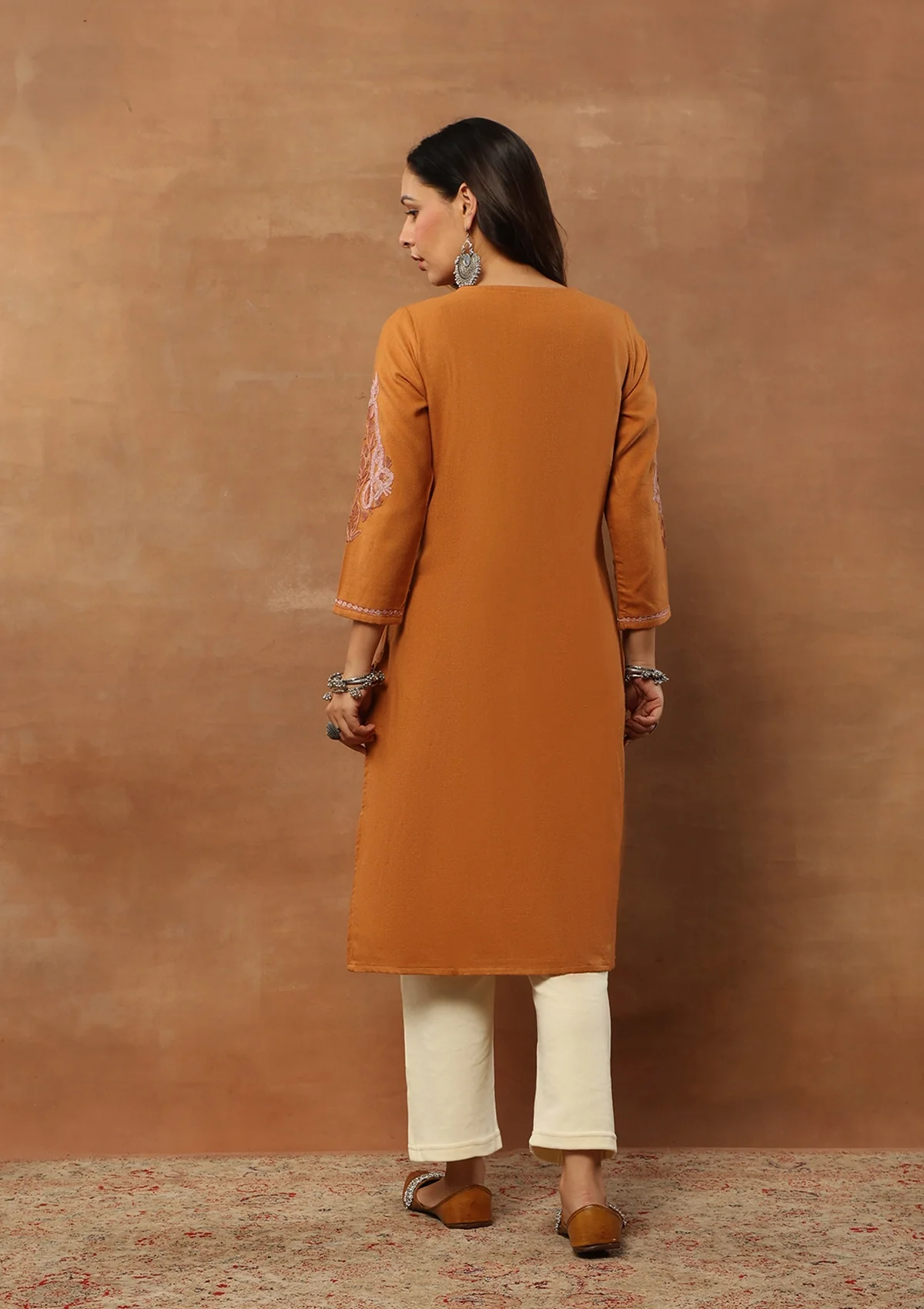 HOC Aari Embroidered Woollen Solid Women's Long Kurta - Rust - Healthber