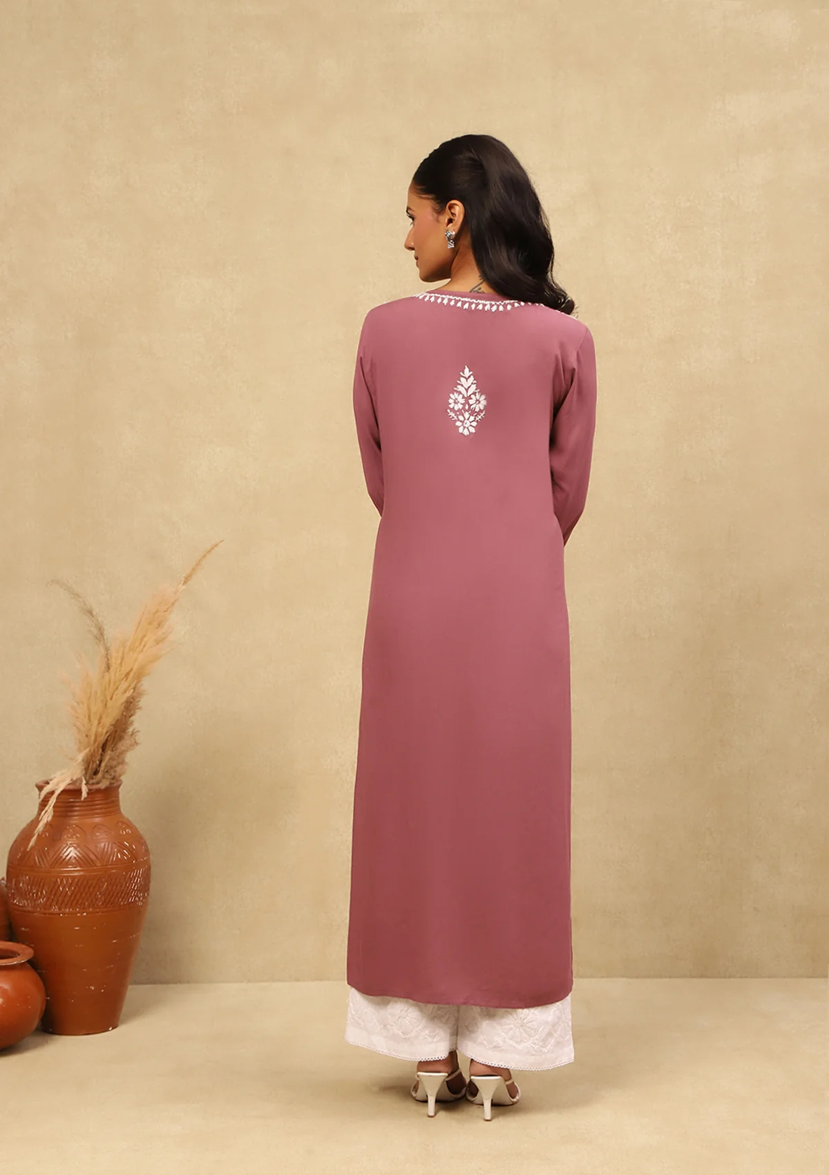 HOC Rayon Chikankari Solid Women's Long Kurta - Purple - Healthber