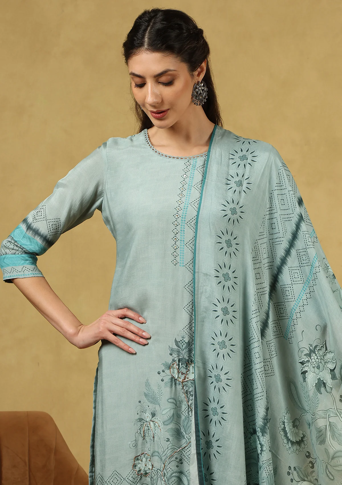 HOC Hand Embellished Muslin Zari Printed Women's 3 PC Long Kurta Set with Dupatta - Sea Green - Healthber