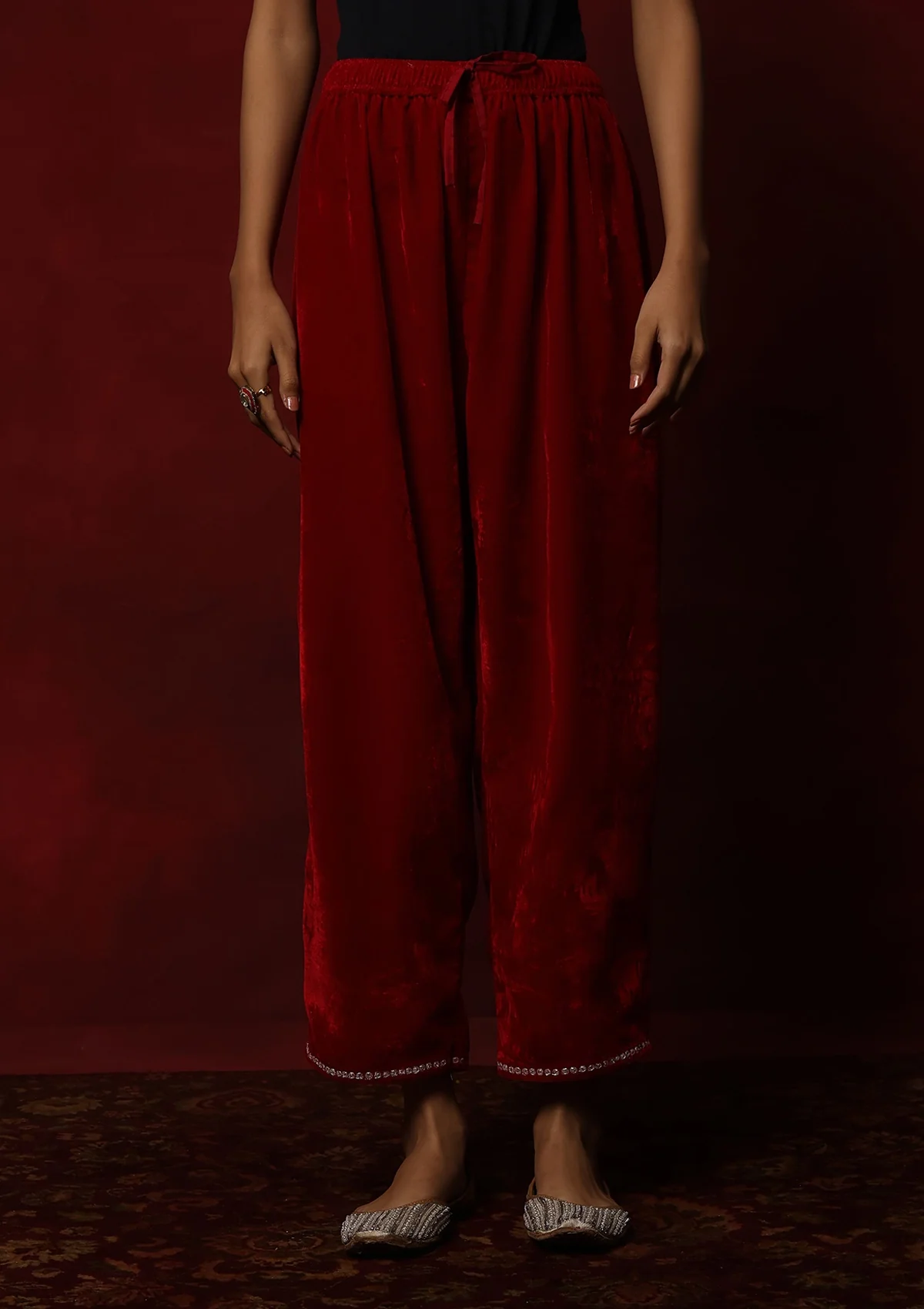 HOC Kashmiri Velvet Tilla Embroidered Solid Women's 2 PC Phiran Set -Red - Healthber