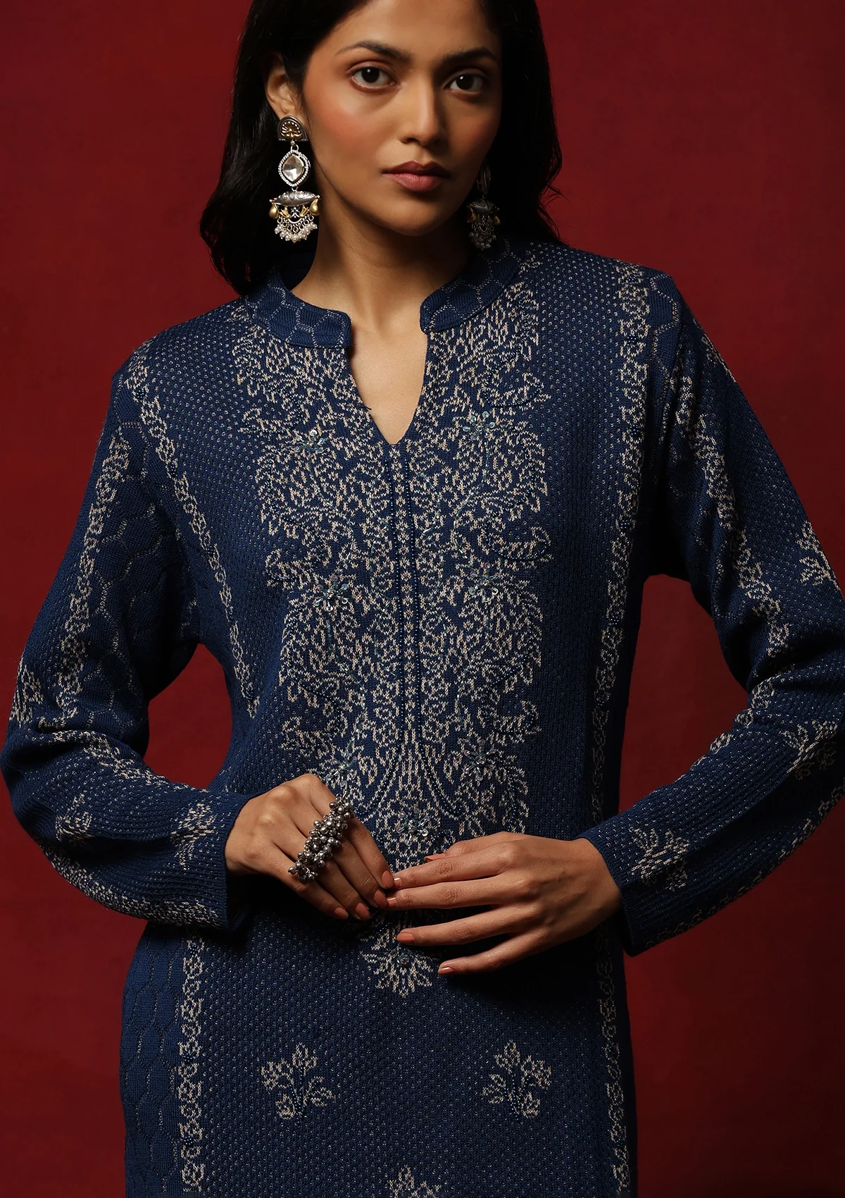 HOC Crafts Woollen Hand Embellished Solid Women's 3 PC Kurta Set- Blue - Healthber