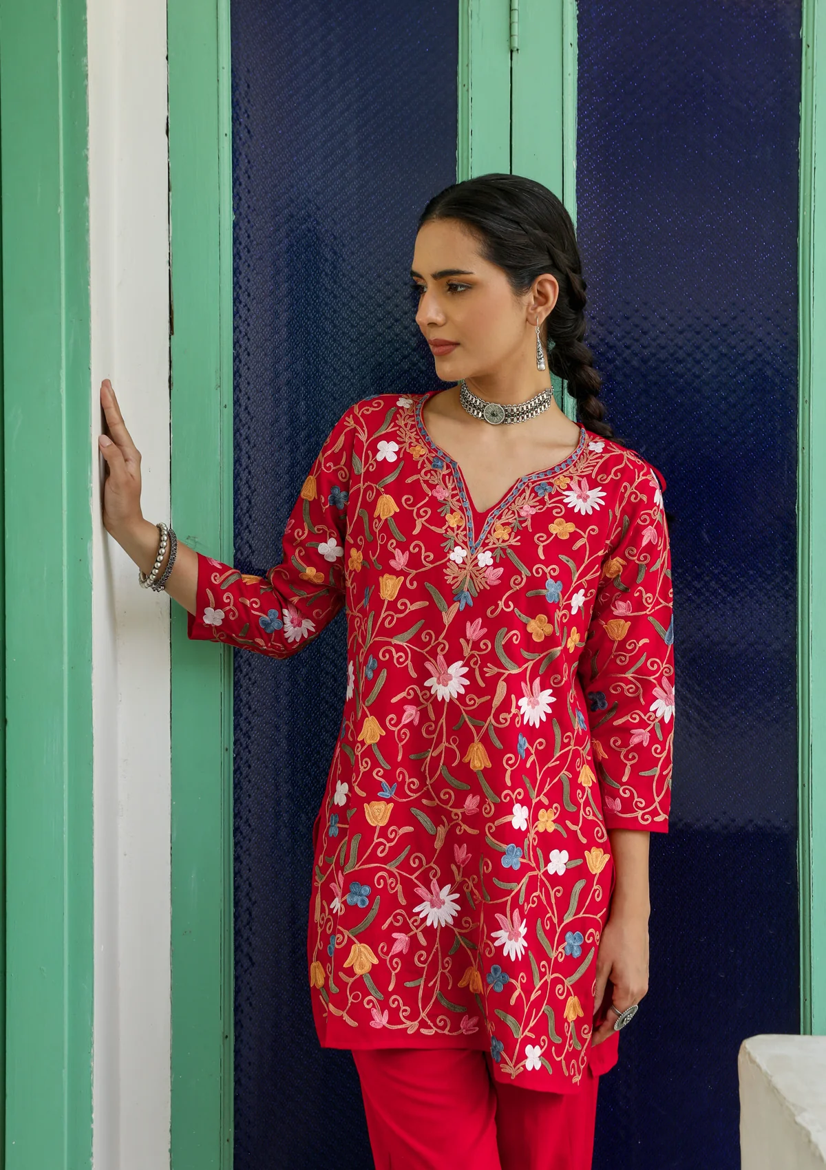 HOC Aari Embroidered Cotton Solid Women's 2 PC Co-ord Set - Red - Healthber