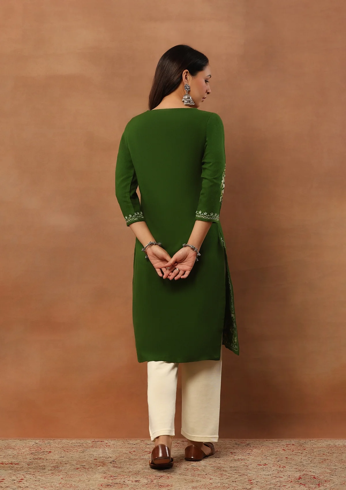 HOC Aari Embroidered Woollen Solid Women's Long Kurta -Green - Healthber