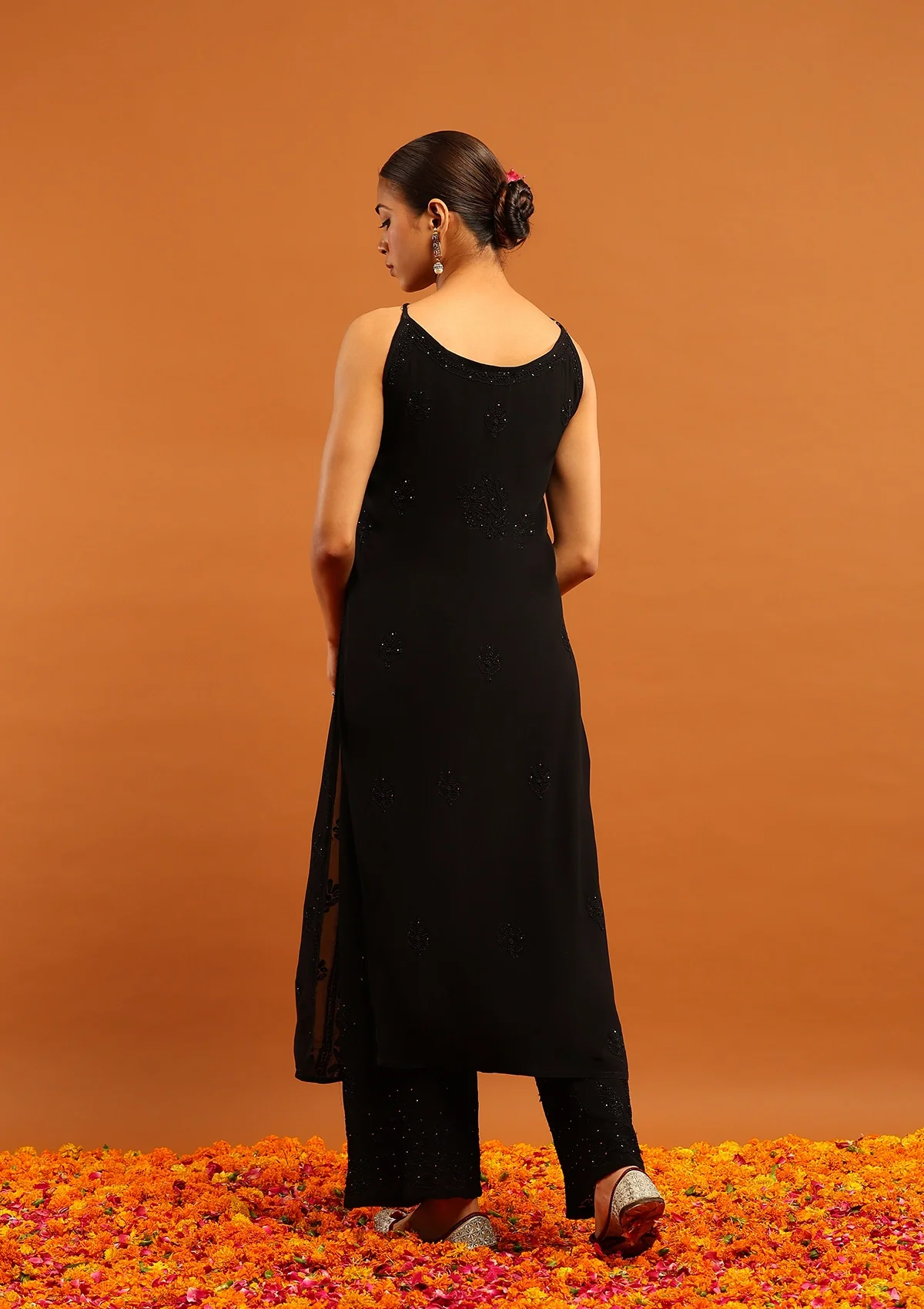 HOC Viscose Georgette Chikankari Mukaish & Kamdani Solid Women's 3 PC Long Kurta Set-Black - Healthber