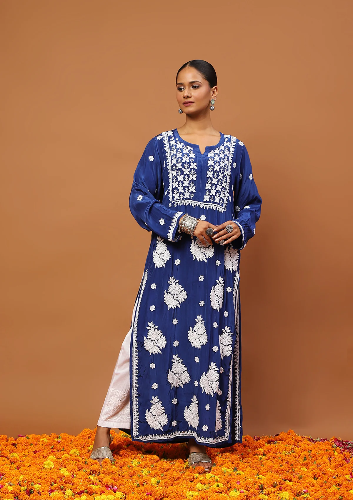 HOC Satin Crepe Chikankari Solid Women's Long Kurta - Dark Blue - Healthber