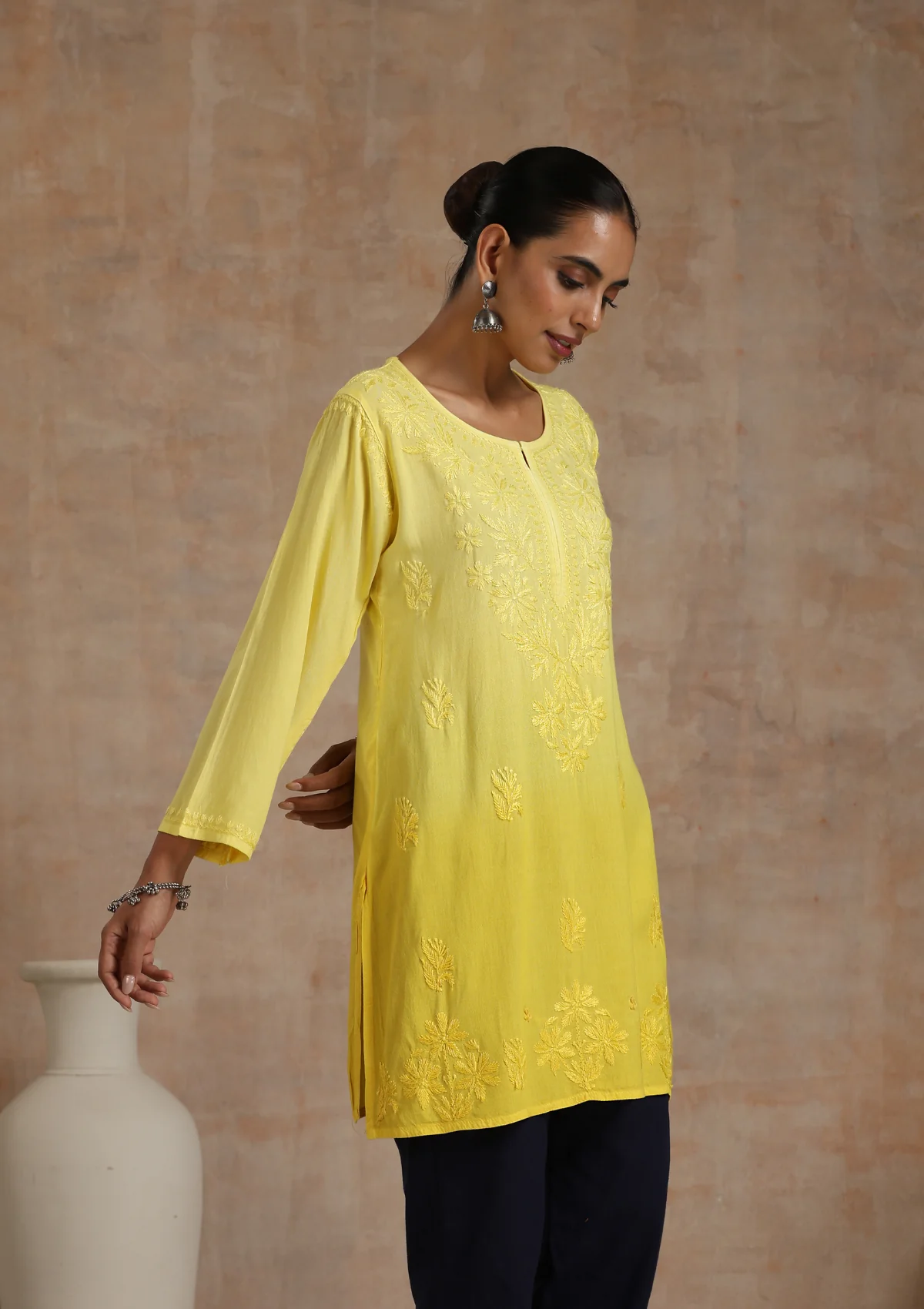 Rayon Chikankari Solid Women's Short Kurta - Yellow - Healthber
