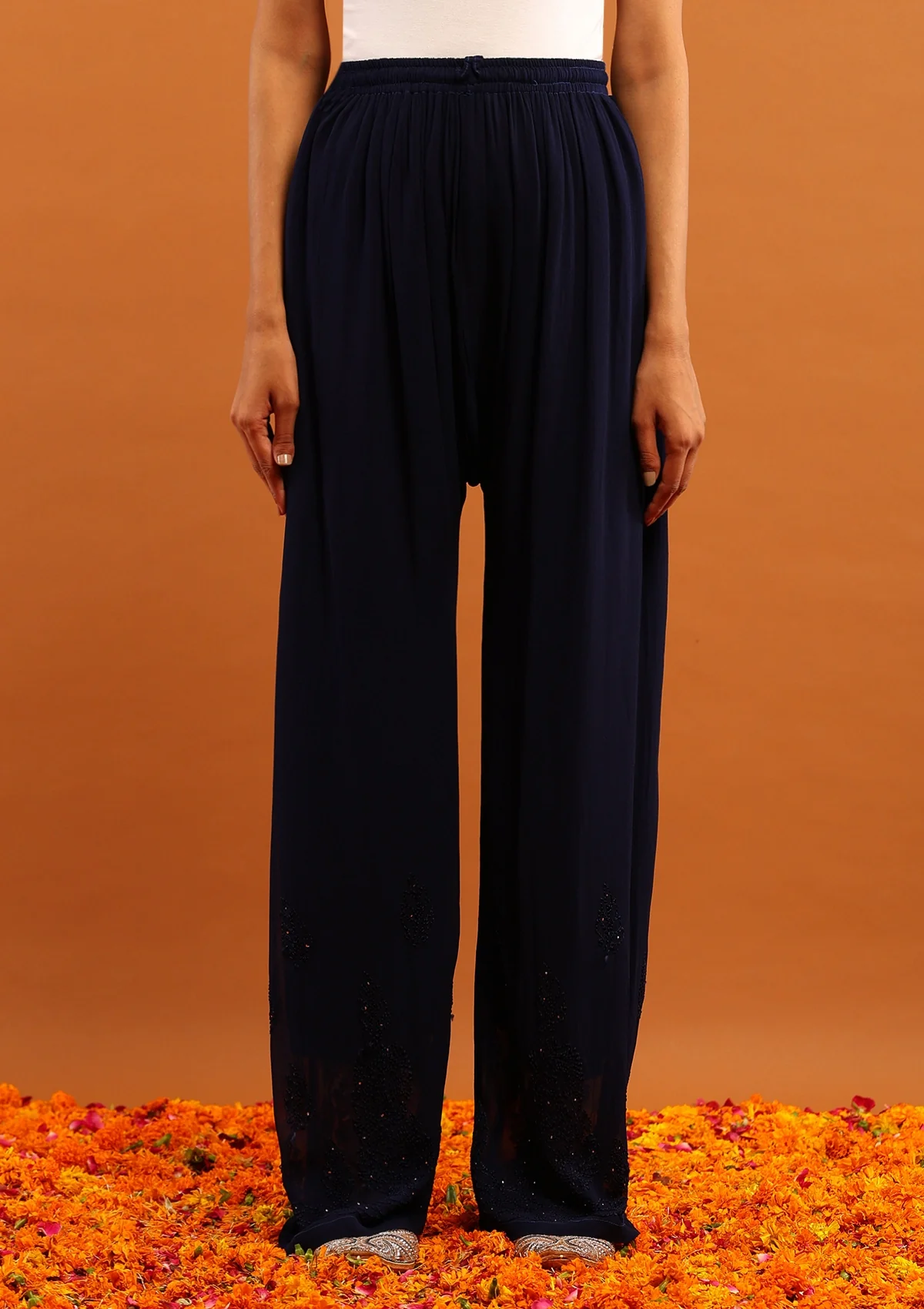 HOC Viscose Georgette Chikankari Mukaish & Kamdani Solid Women's 4 PC Long Kurta Set-Navy Blue - Healthber