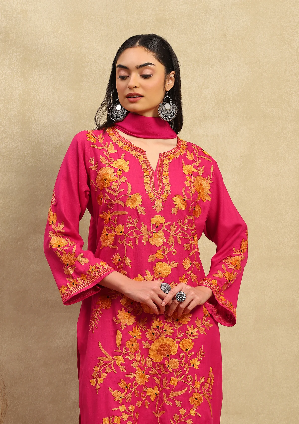 HOC Crafts Cotton Aari Embroidered Solid Women's 3 PC Long Kurta Set with Dupatta - Pink - Healthber