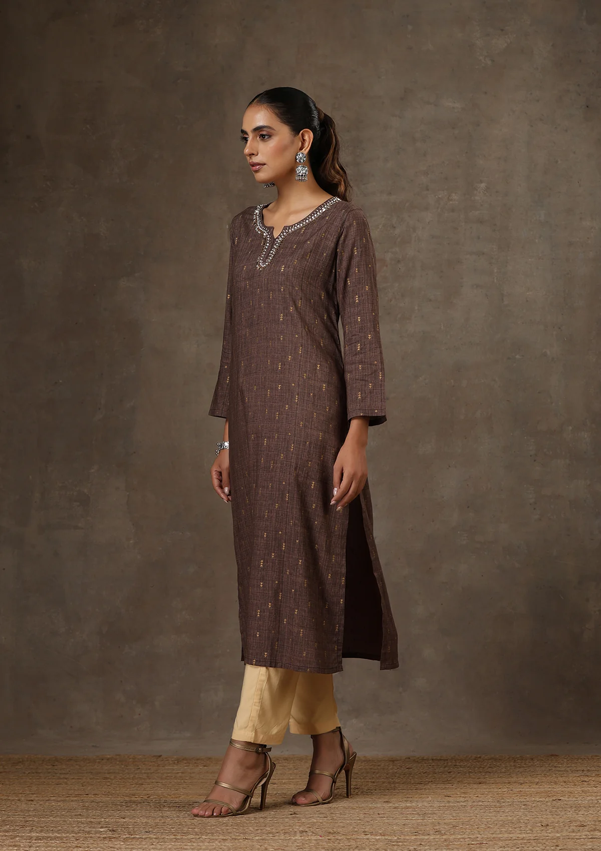 HOC Rayon Hand Embroidered Printed Women's Long Kurta - Brown - Healthber