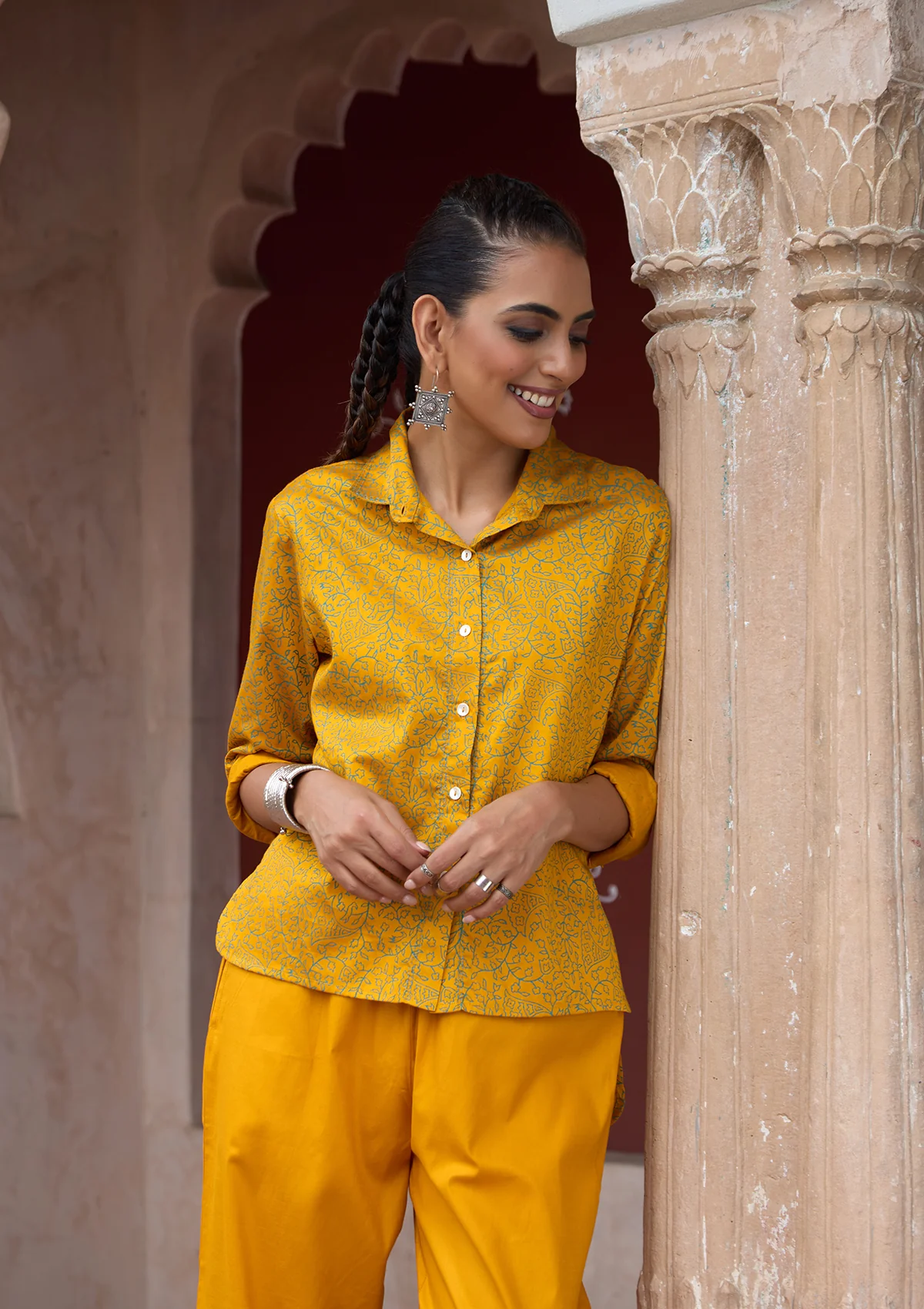 HOC Glazed Cotton Hand Block Printed with Hand Embroidery Women's 2 PC Co-ord Set - Mustard - Healthber