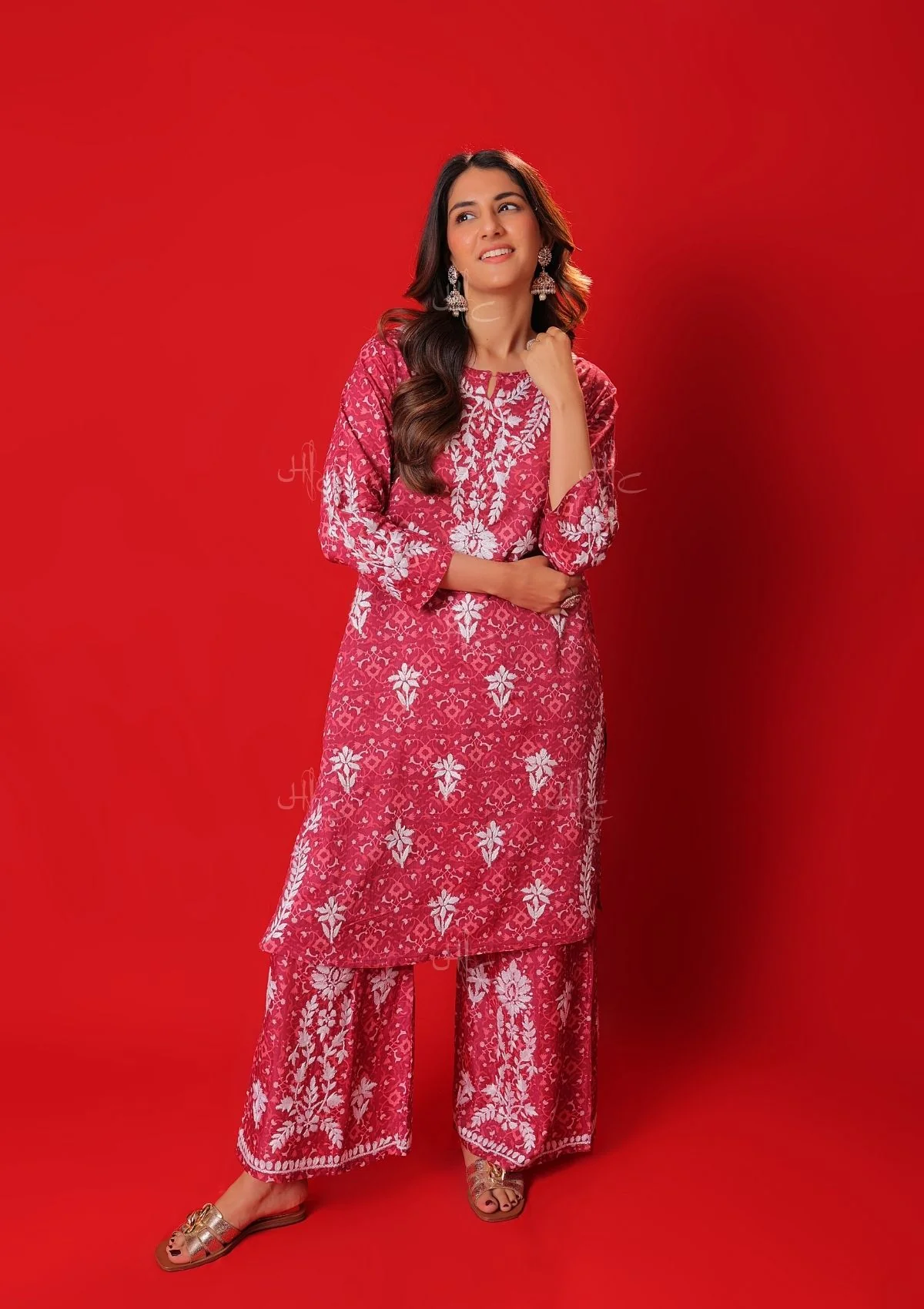 HOC Meher Mulmul Chikankari Printed Women's 2 PC Short Kurta Set - Pink - Healthber
