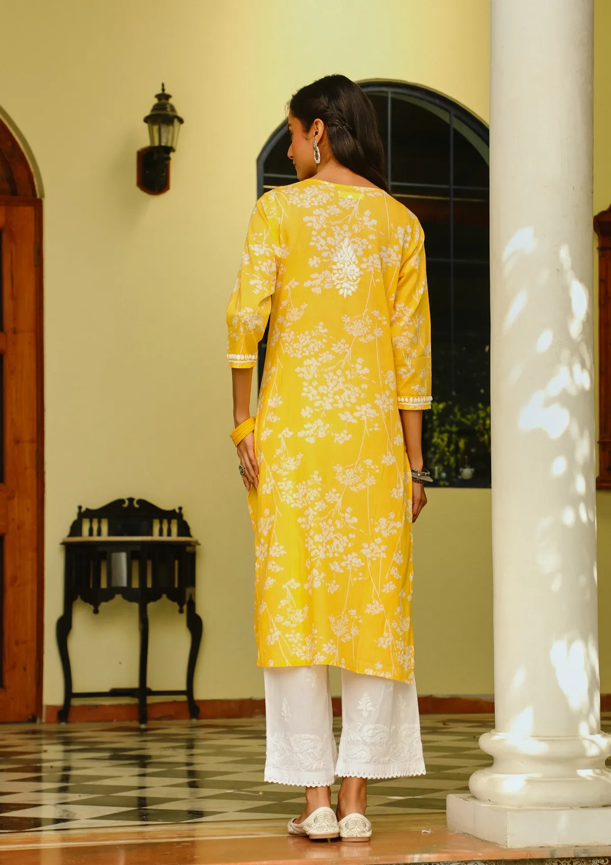 HOC Zainab Chikankari Mulmul Printed Straight Kurta -Yellow - Healthber