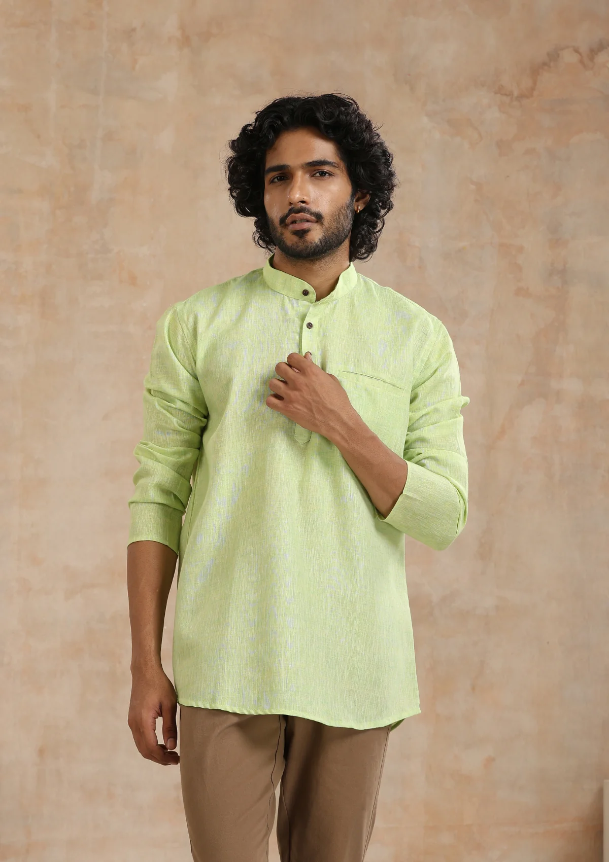 HOC Poly Cotton Solid Men's Short Kurta - Green - Healthber