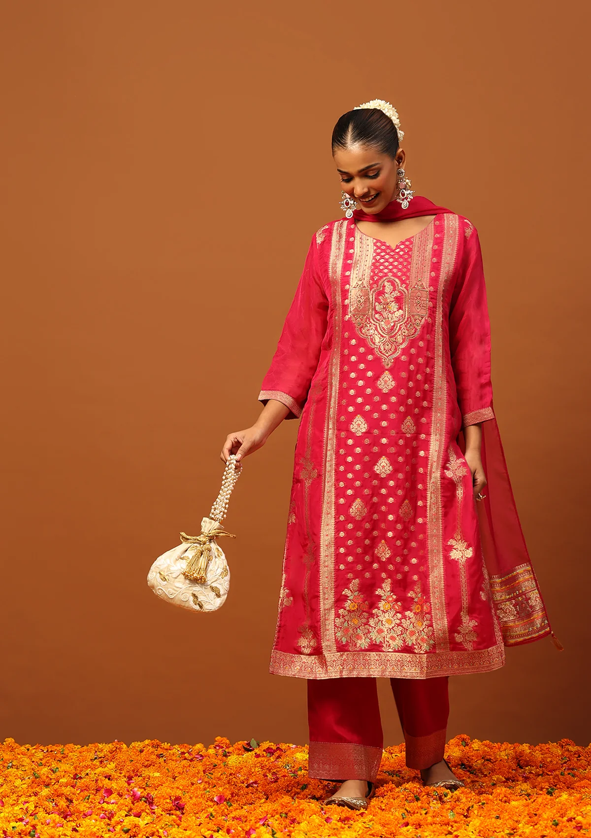 HOC Jacquard Organza Hand Embellished Women's 3 PC Straight Kurta Set - Magenta - Healthber