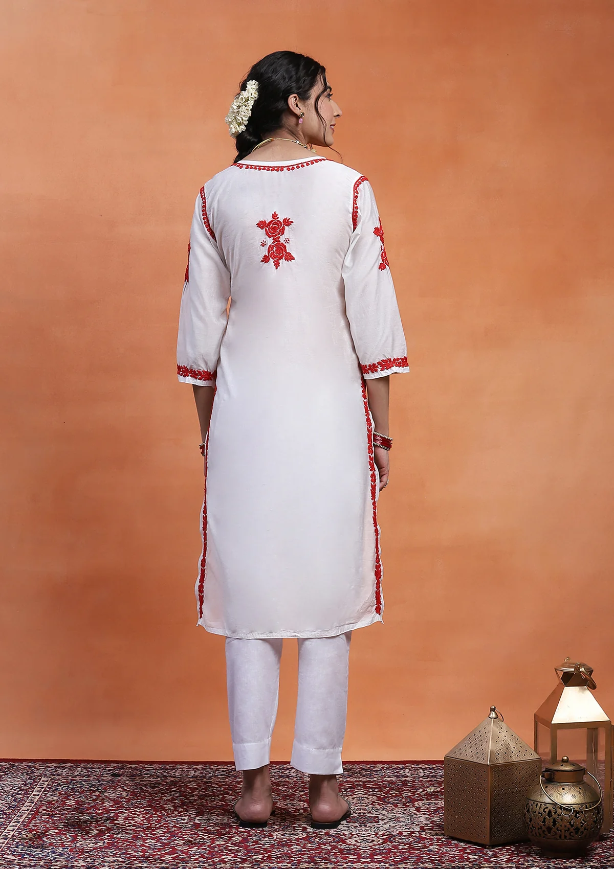 HOC Chanderi Chikankari Solid Women's Long Kurta  - White - Healthber