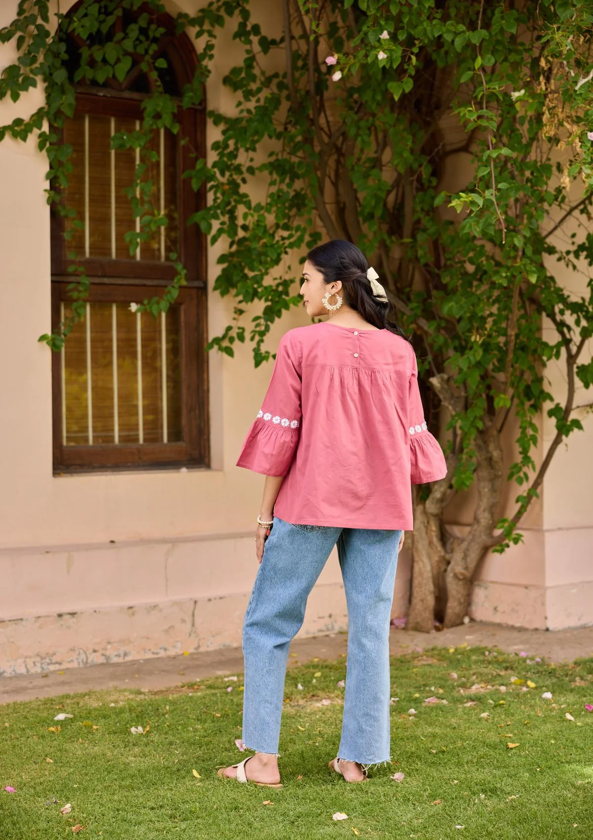 HOC Cotton Chikankari Solid Women's Top - Rust Pink - Healthber